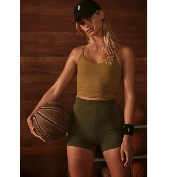 NWOT FREE PEOPLE MOVEMENT GOOD KARMA DUSTED MILITARY (KHAKI) RUCHED CROP TANK - Picture 1 of 10